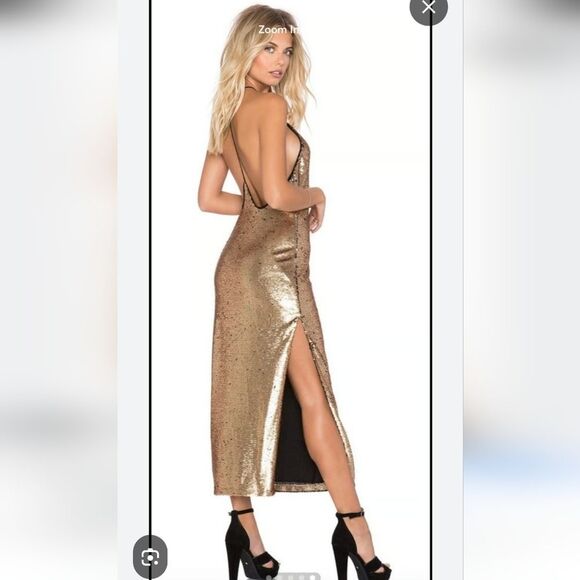 NBD x Revolve Sequin Halter Style Midi Dress Gold Size S NWT - Picture 2 of 11